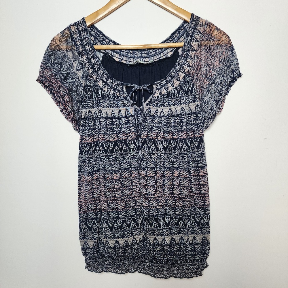Cleo Petite Tribal Geometric Print Mesh Blouse Navy Blue Pink Size Small S